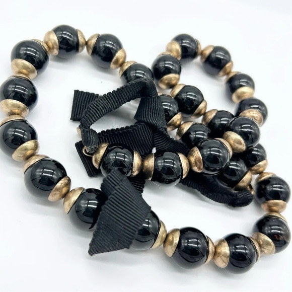 J. Crew Black and Gold Beaded Ribbon Tie Necklace - Picture 2 of 3